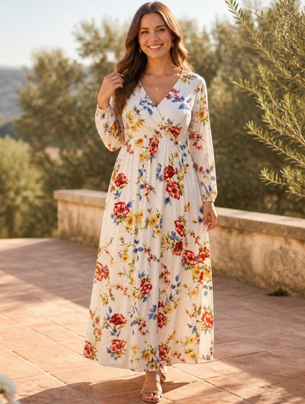 Mother Bee Maternity White Floral V‑Neck Long Sleeve Maxi Dress